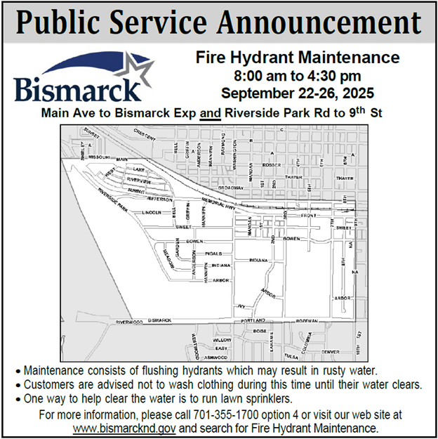Map of area impacted by fire hydrant maintenance from September 22 through 26, 2025.