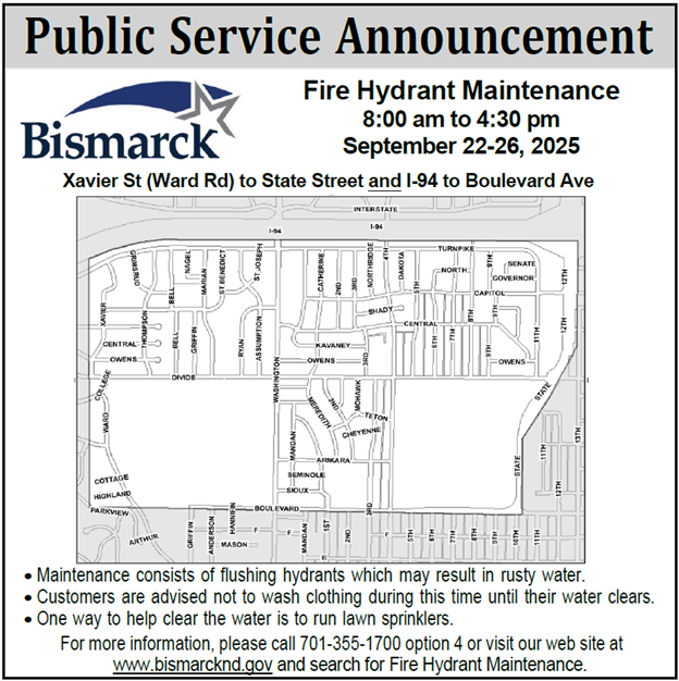 Map of area impacted by fire hydrant maintenance from September 22 through 26, 2025.